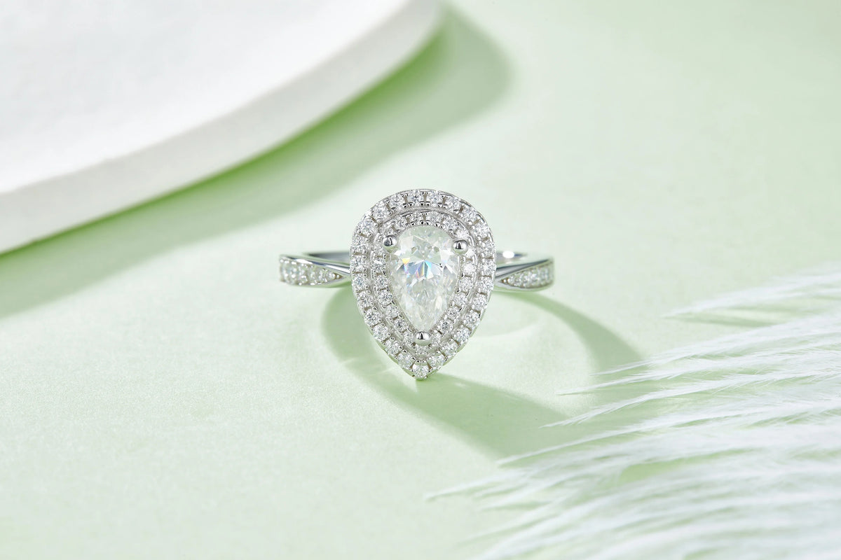 Pear Cut Moissanite Pave Set Engagement Ring In 18K White Gold Plating Over Silver G6538