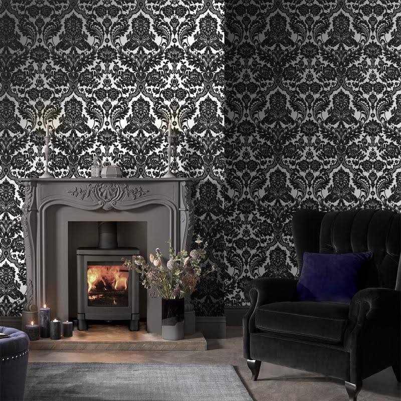 Gothic Damask Flock White Wallpaper L446