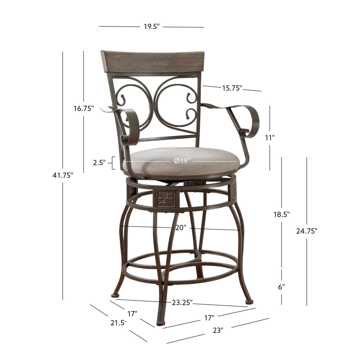 25" Metal Swivel Counter Stool with Arms, Gray Wash/Silver G777991
