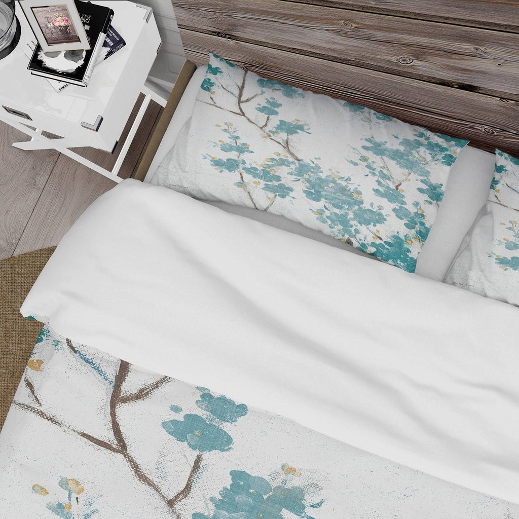 Teal Cherry Blossoms Queen Fabric Duvet Cover Set P584740