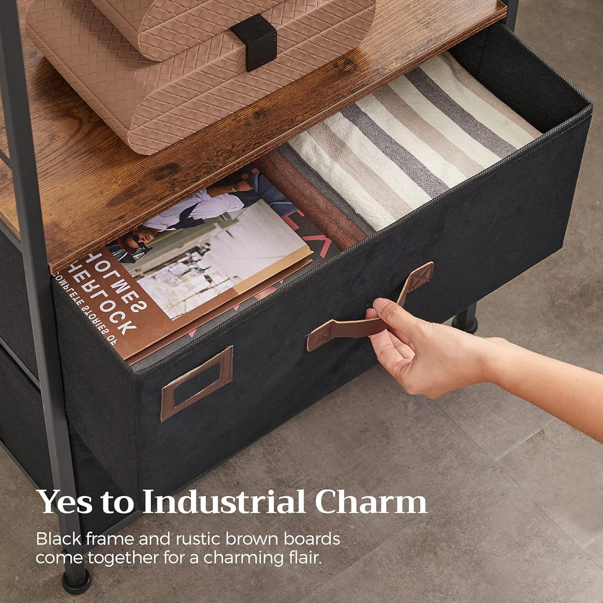 Rustic Brown Black Gray Nightstand with 2 Fabric Drawers and Wooden Top Q78040
