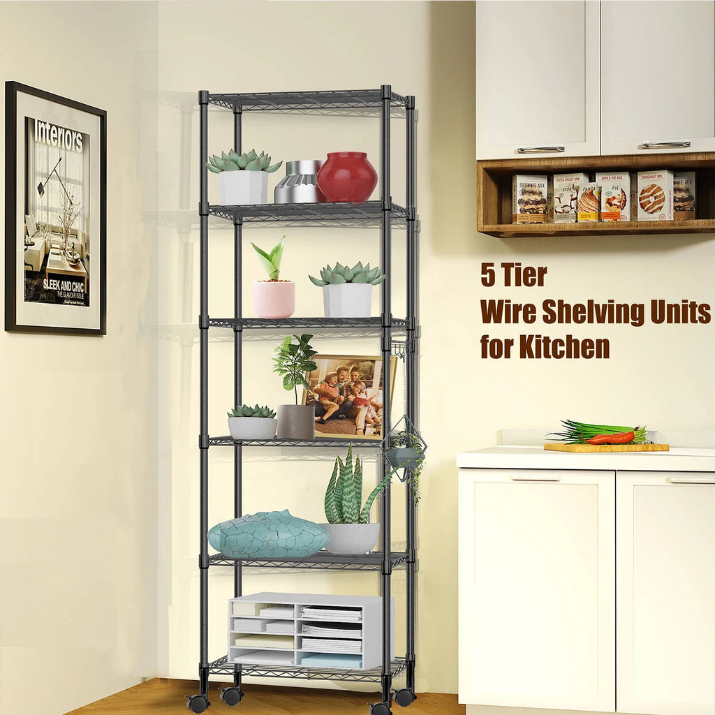 6 Shelves Wire Metal Heavy Duty Shelving Rack with Wheel, Silver F10552