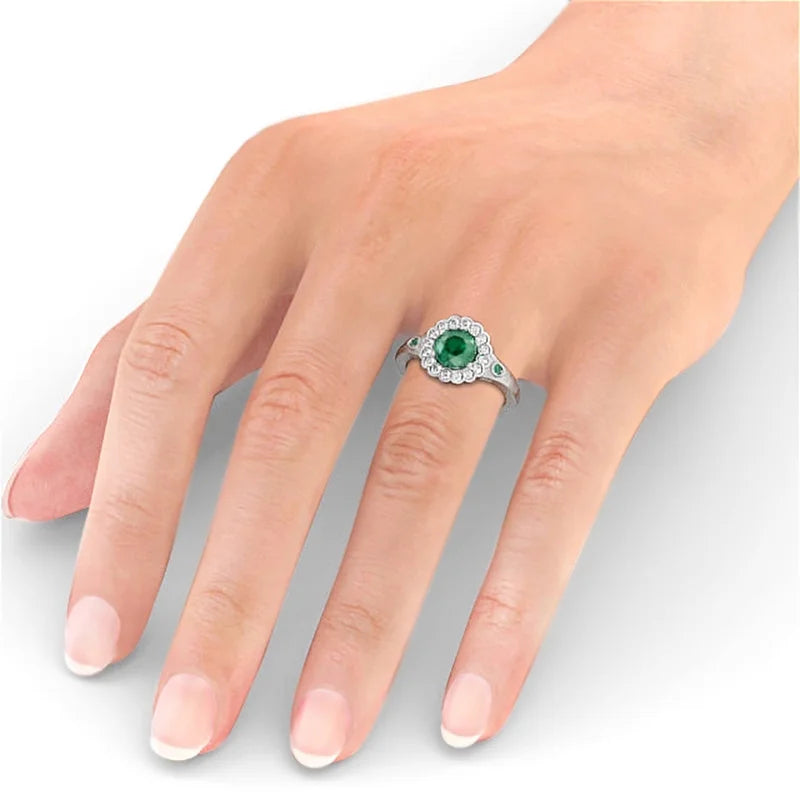 14K White Gold Floral Halo Round Cut Emerald Real Diamond Ring Size 7.5 S344941