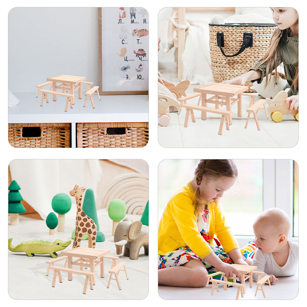 Kids Table and Chairs Mini Wooden Dollhouse Furniture Puzzle Toy Set G921