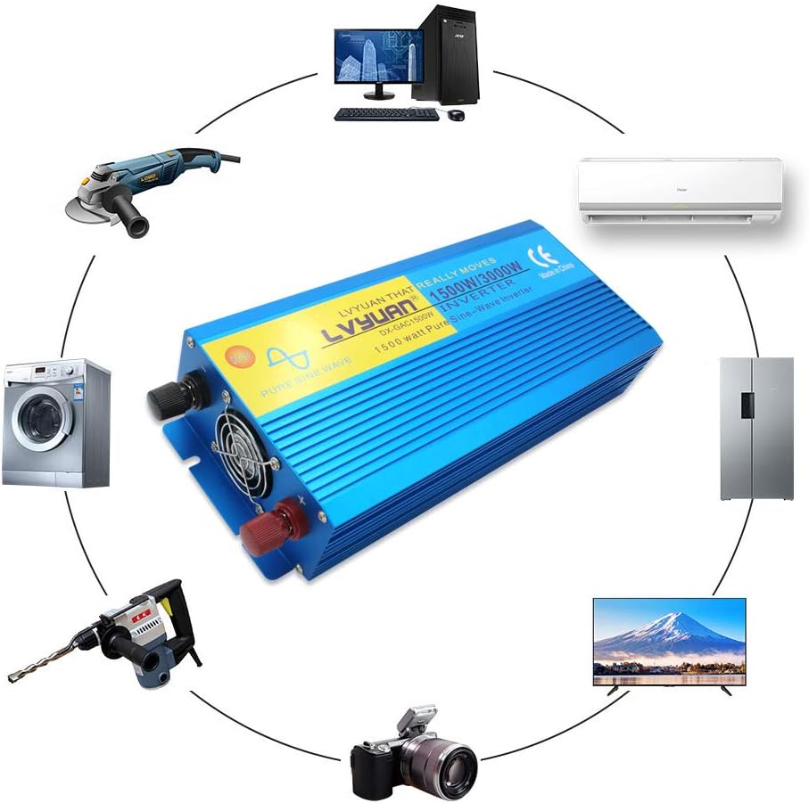 1500W Pure Sine Wave Inverter 12V to 110V 3000W Peak Power Converter with LCD Display, Dual AC Outlets D1075