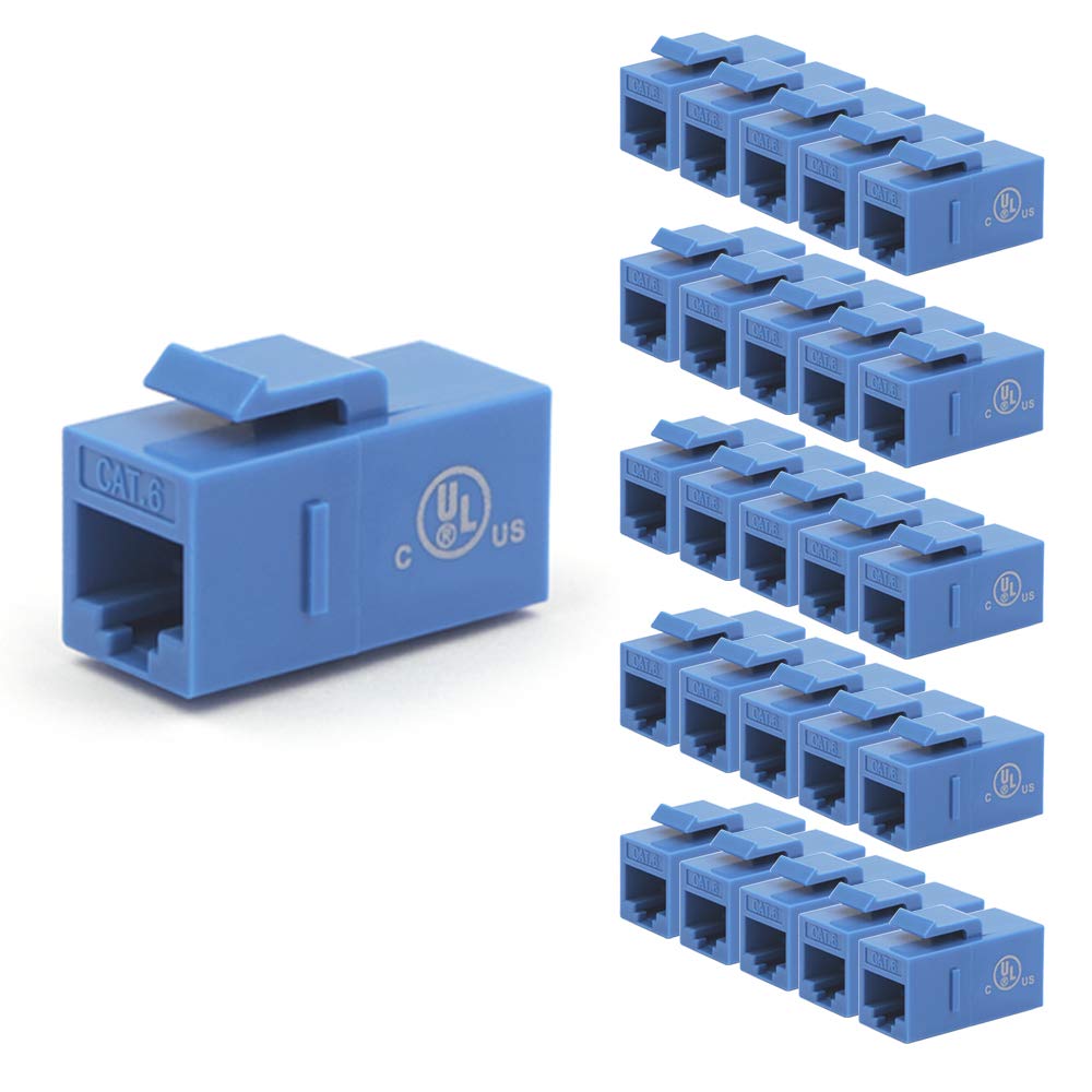UL Listed 25-Pack RJ45 CAT6 Keystone Coupler Female to Female Insert Coupler, UTP Inline Coupler Blue J131