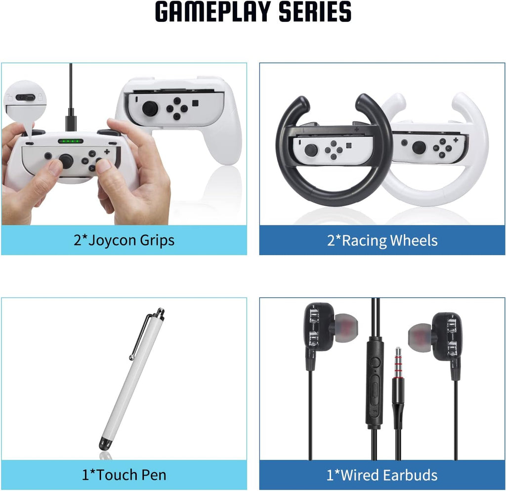 20 in 1 Switch Accessories Bundle with Case, Screen Protector, Grip Case, Games Holder, Headphones, Joy Con Grips, Caps, Steering Wheels, Charger C114
