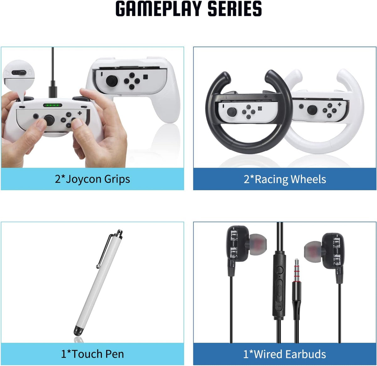 20 in 1 Switch Accessories Bundle with Case, Screen Protector, Grip Case, Games Holder, Headphones, Joy Con Grips, Caps, Steering Wheels, Charger C114