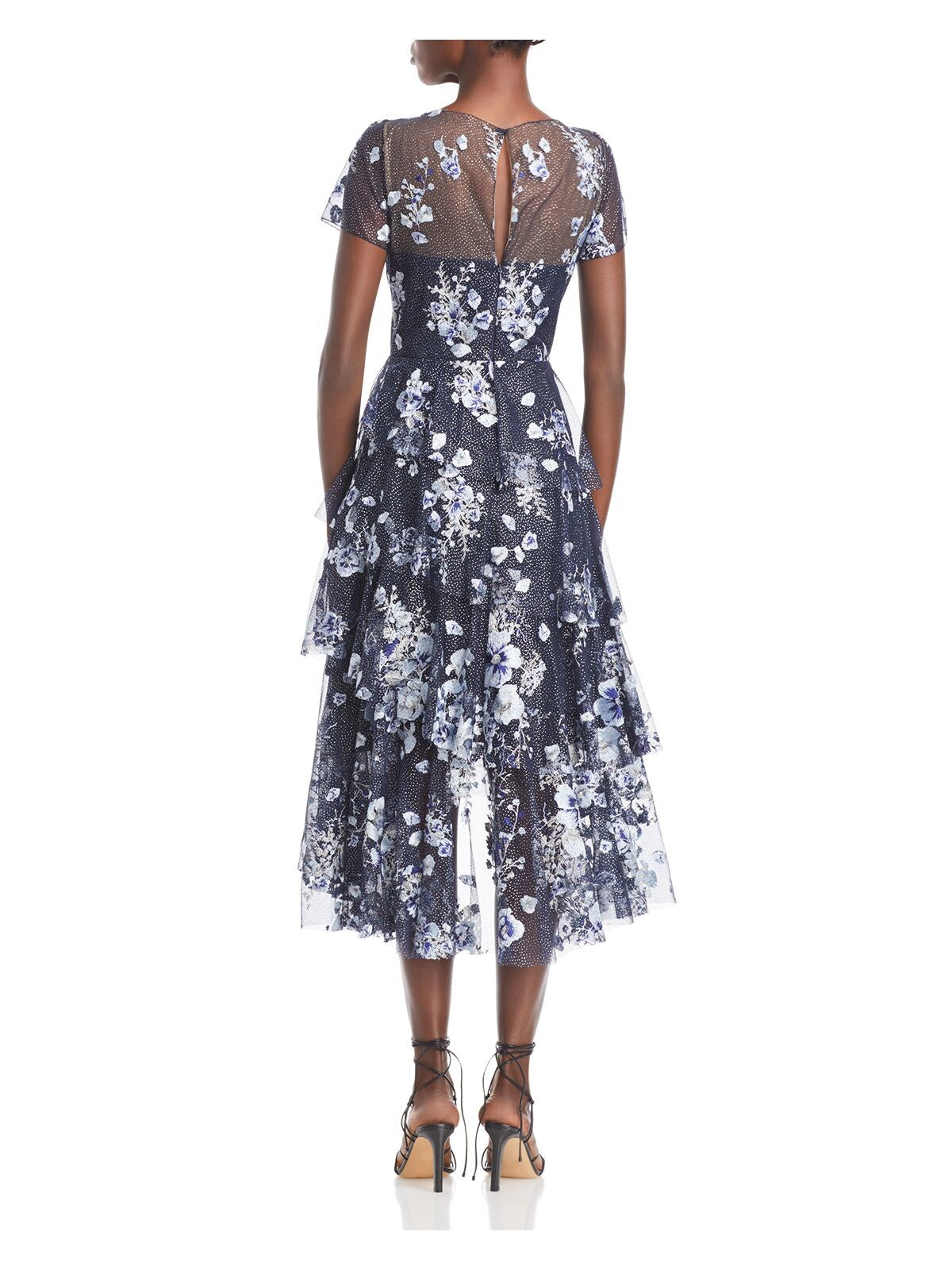 Navy Embroidered Zippered Ruffled Glitter Mesh Floral Short Sleeve Midi Cocktail Dress W445021