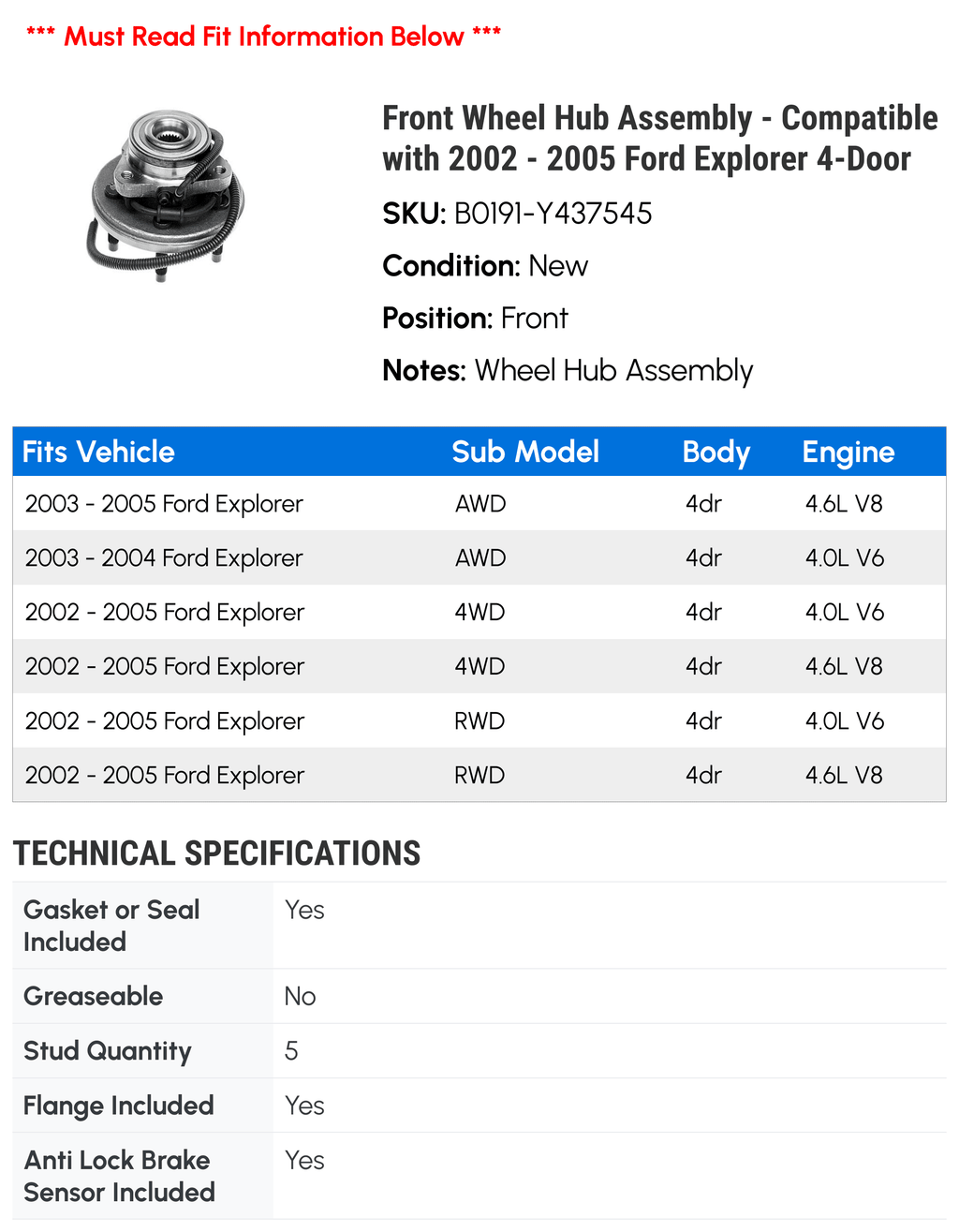 Front Wheel Hub Assembly for 2002-2005 Ford Explorer 4-Door W62705