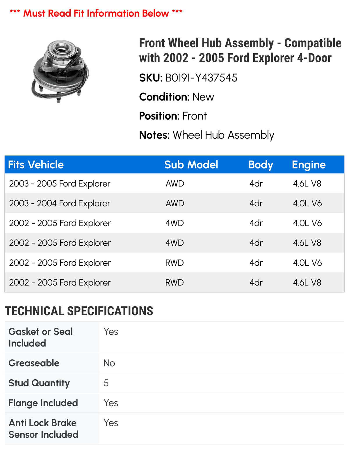 Front Wheel Hub Assembly for 2002-2005 Ford Explorer 4-Door W62705