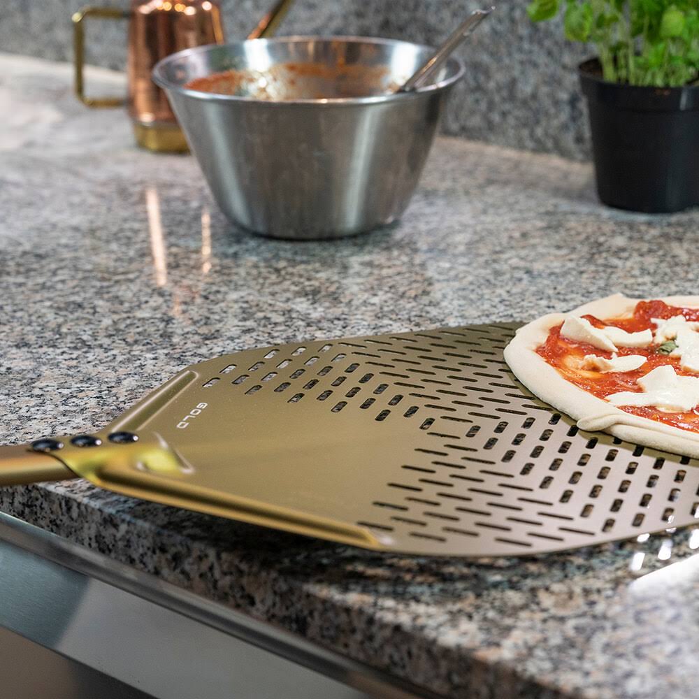 Gold 13x22 Anodized Aluminum Square Perforated Pizza Peel S14702