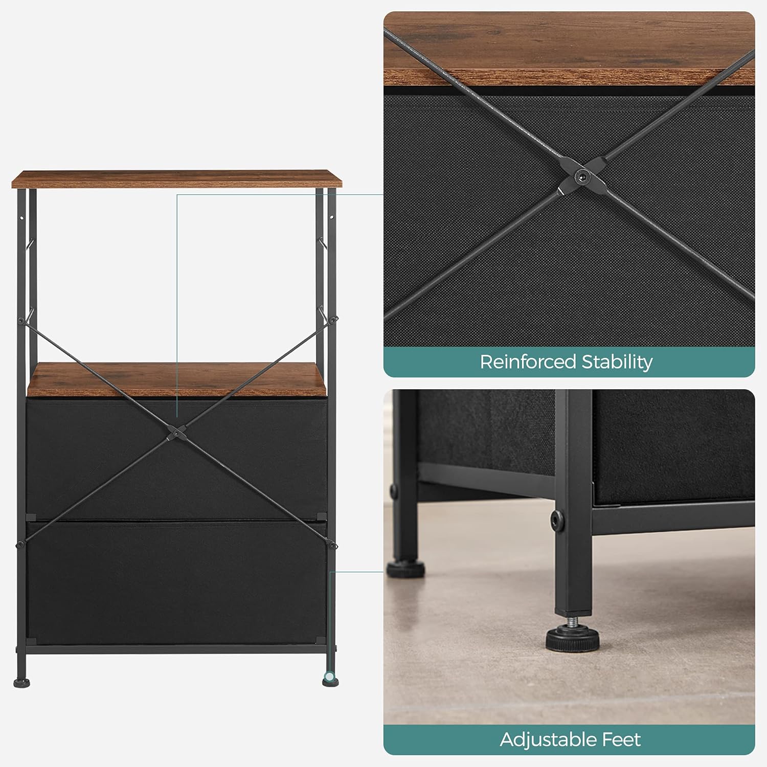 Rustic Brown Black Gray Nightstand with 2 Fabric Drawers and Wooden Top Q78040