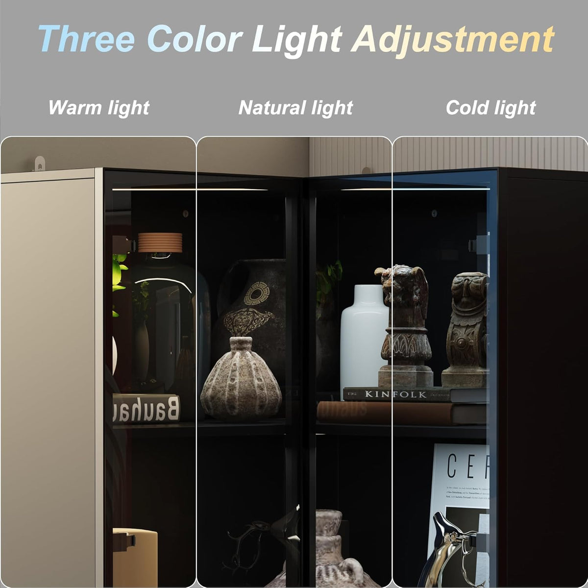 Black Corner Storage Cabinet with Glass Door and Light, 2 Doors and 4 Shelves, 31.5"L x 31.5"W x 63"H D829803