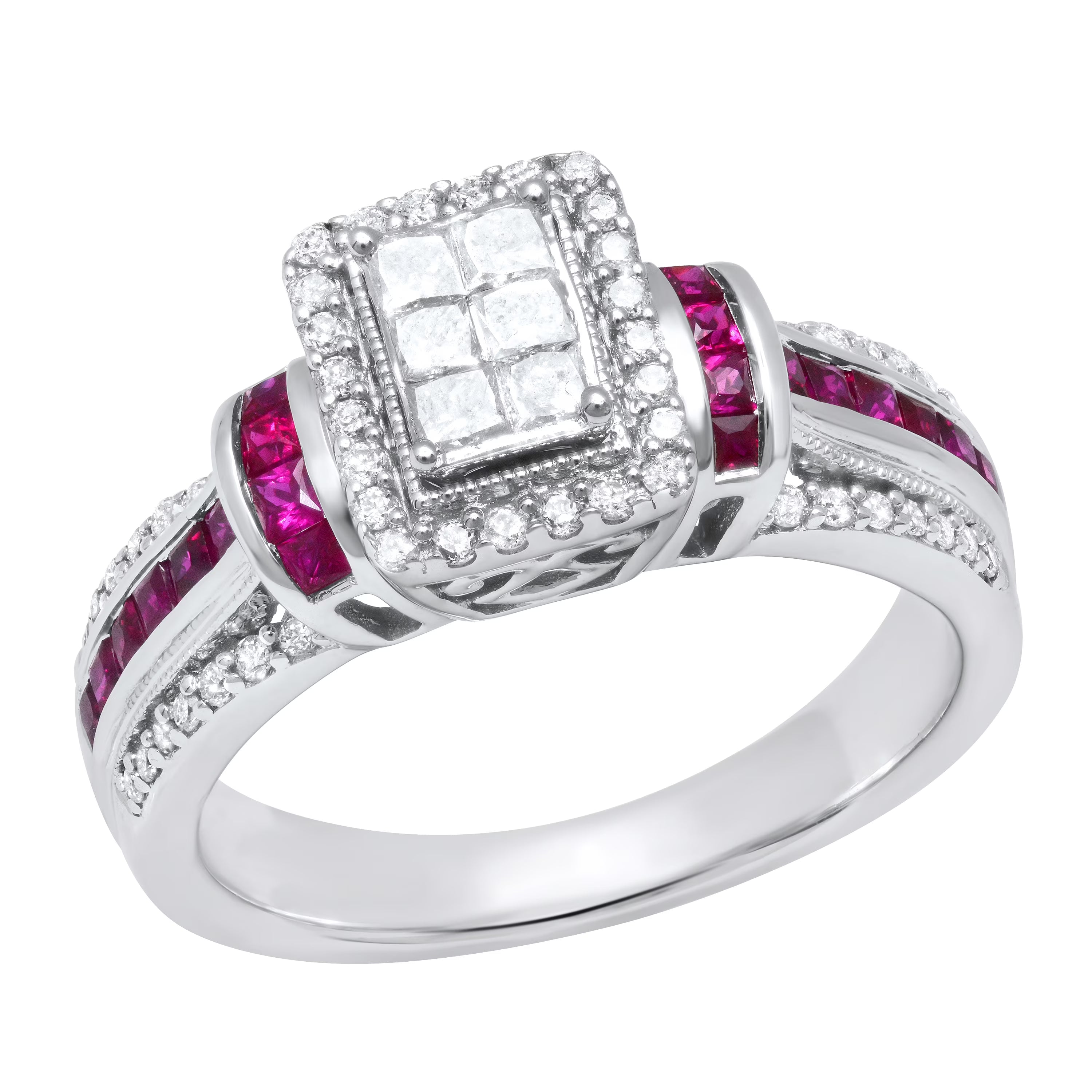 Princess Ruby and White Diamond Engagement Ring in 925 Sterling Silver I9383