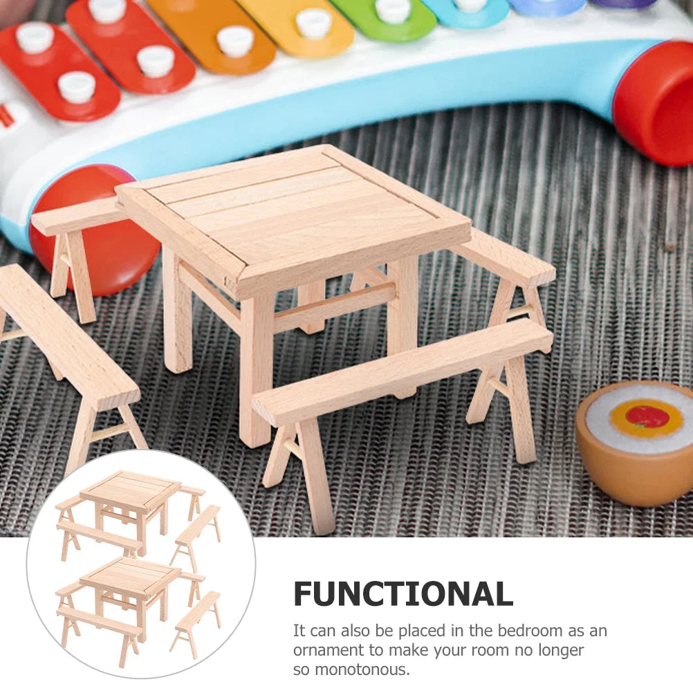 Kids Table and Chairs Mini Wooden Dollhouse Furniture Puzzle Toy Set G921