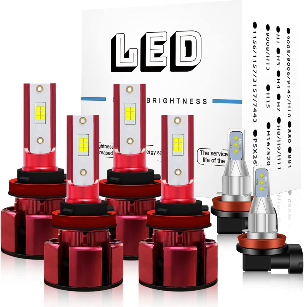H9+H11 High/Low Beam LED Headlight Bulbs + H11 LED Fog Light Bulbs Set 6000k Cool White IP68 Waterproof, Pack of 6 H90231