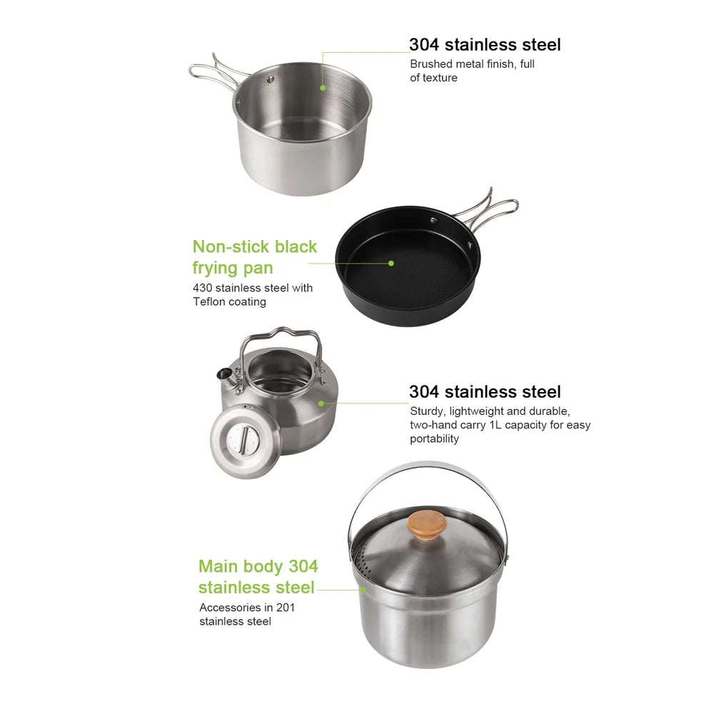 Stainless Steel Camping Cookware Set with Pot Frying Pan Kettle D9996