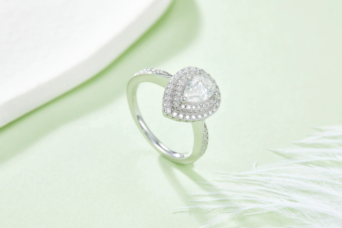 Pear Cut Moissanite Pave Set Engagement Ring In 18K White Gold Plating Over Silver G6538