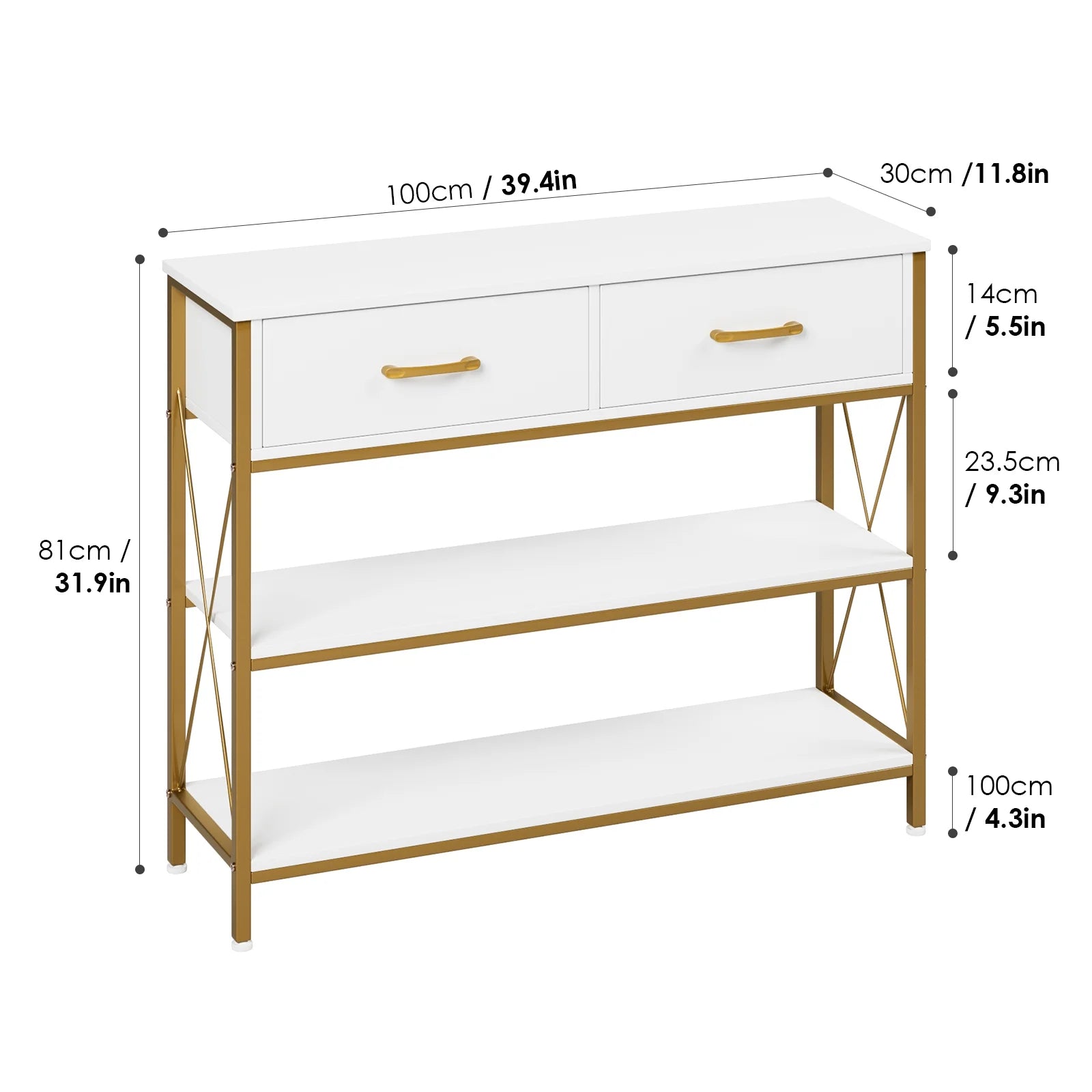 White/Gold 39.4'' Narrow Console Table with Drawers Q96535