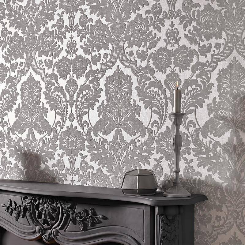 Cobalt Damask Flock Wallpaper P419857