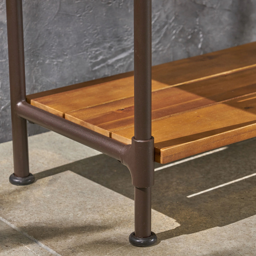 Teak Acacia Wood and Iron Bench with Shelf and Coat Hooks J41577