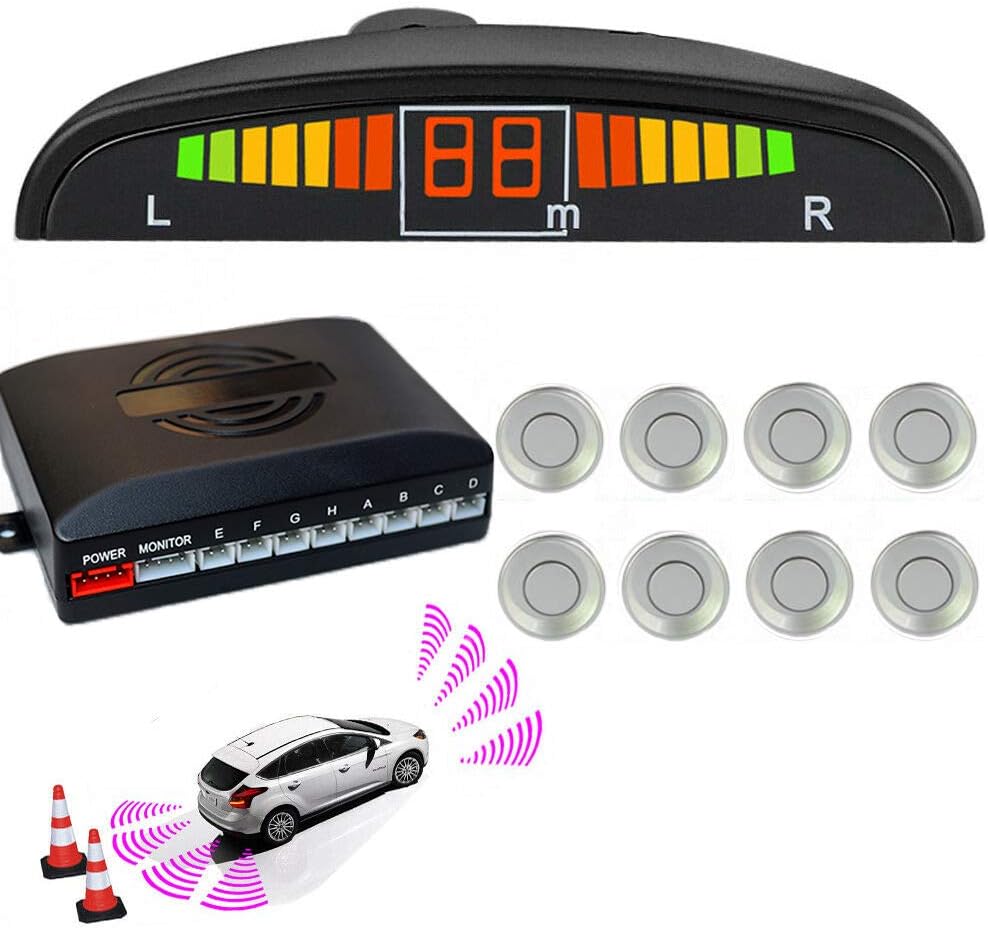 Silver 8 Sensors Car Front and Rear LED Display Reverse Parking Kit Buzzer Alarm Pack of 2 H385400