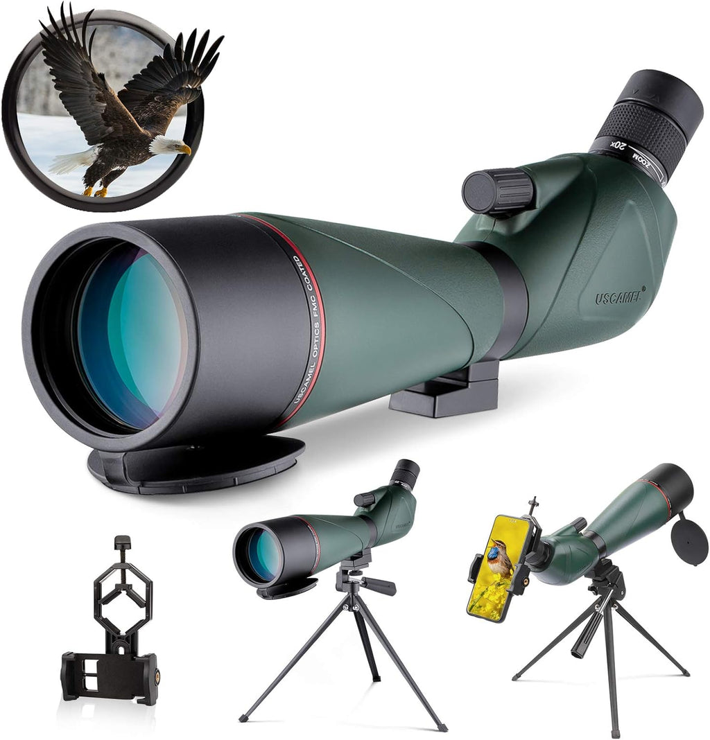 20-60x80 HD Spotting Scope with Tripod Carrying Bag Phone Adapter and Shutter Control Bak4 45° Eyepiece Telescope V305