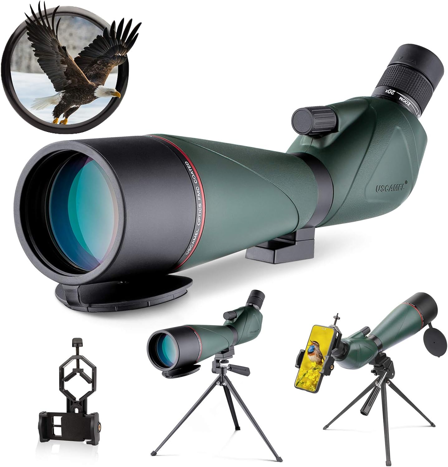 20-60x80 HD Spotting Scope with Tripod Carrying Bag Phone Adapter and Shutter Control Bak4 45° Eyepiece Telescope V305