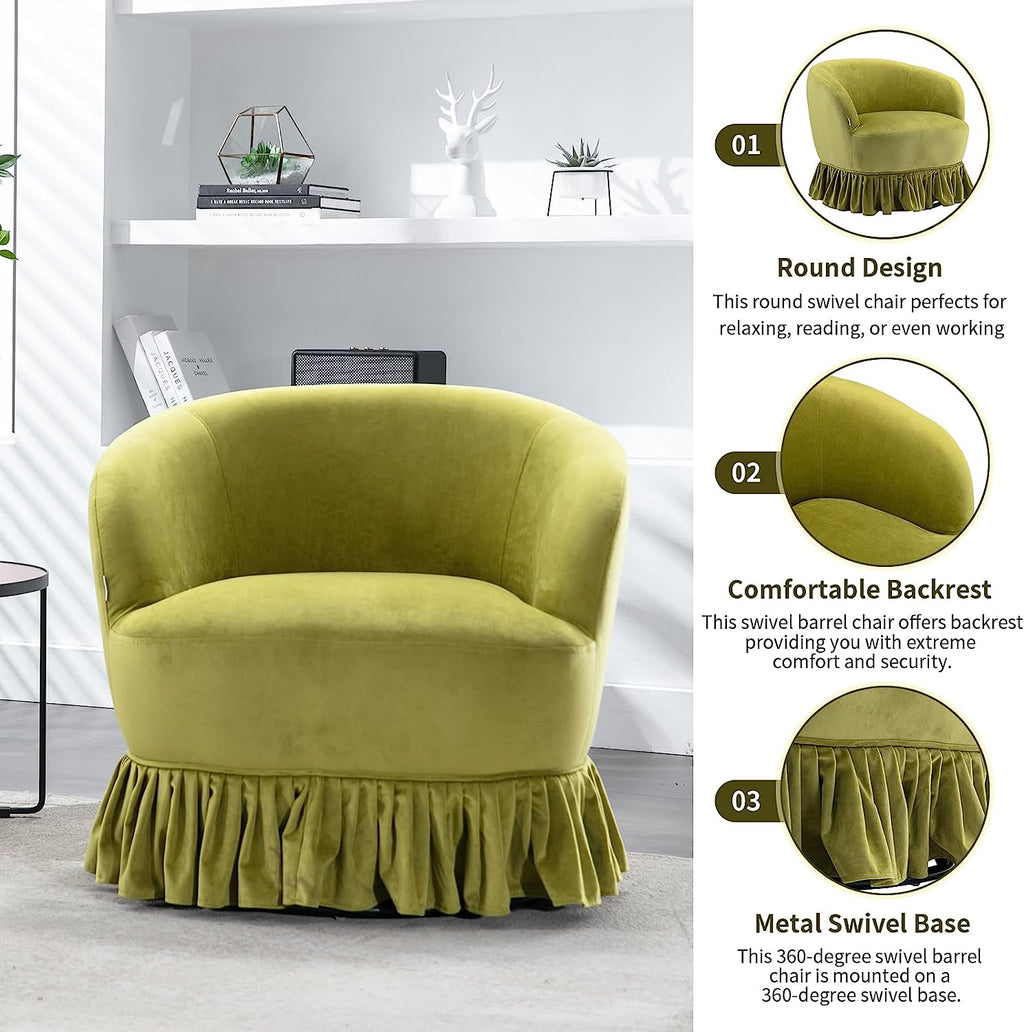 Olive Velvet Swivel Barrel Chair with Pleated Skirt E55076
