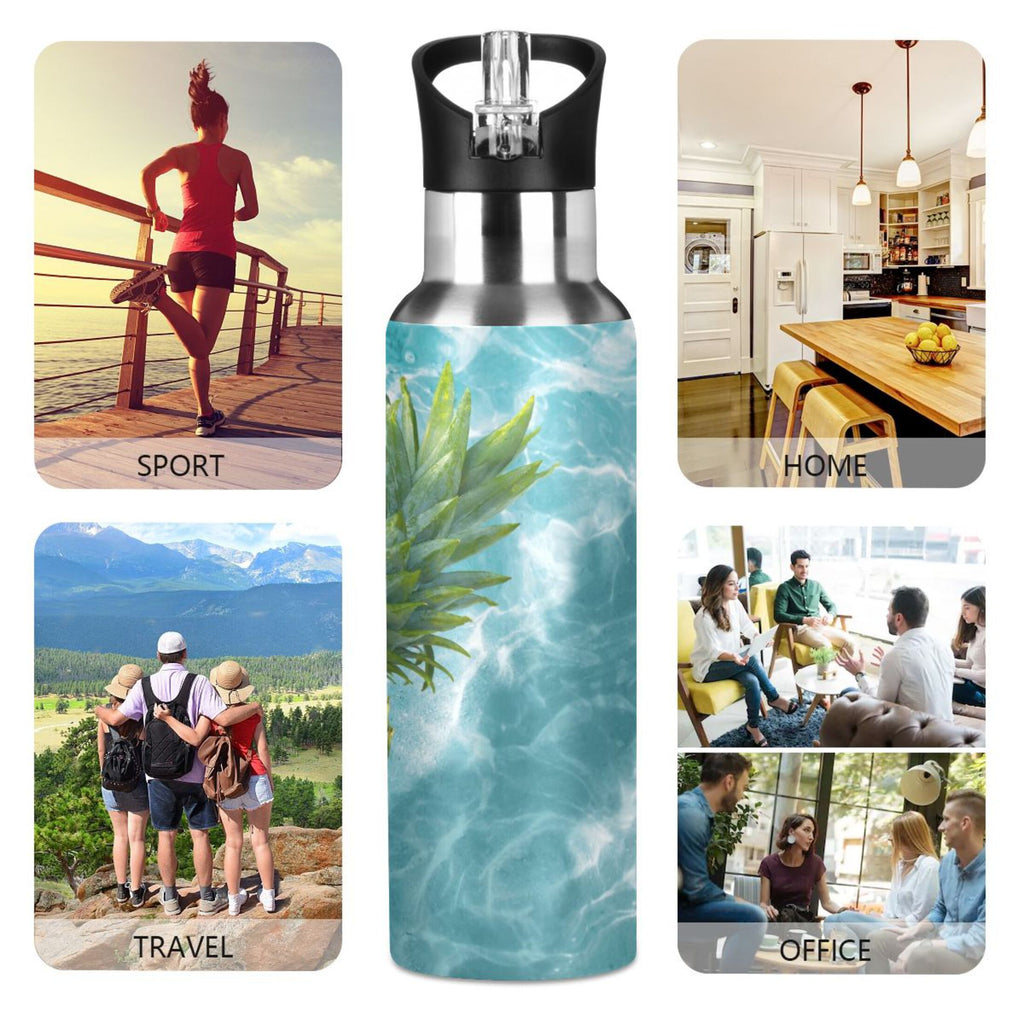 Yellow Pineapple on Blue Water Insulated Stainless Steel Water Bottle with Straw Lid 20 oz S6001