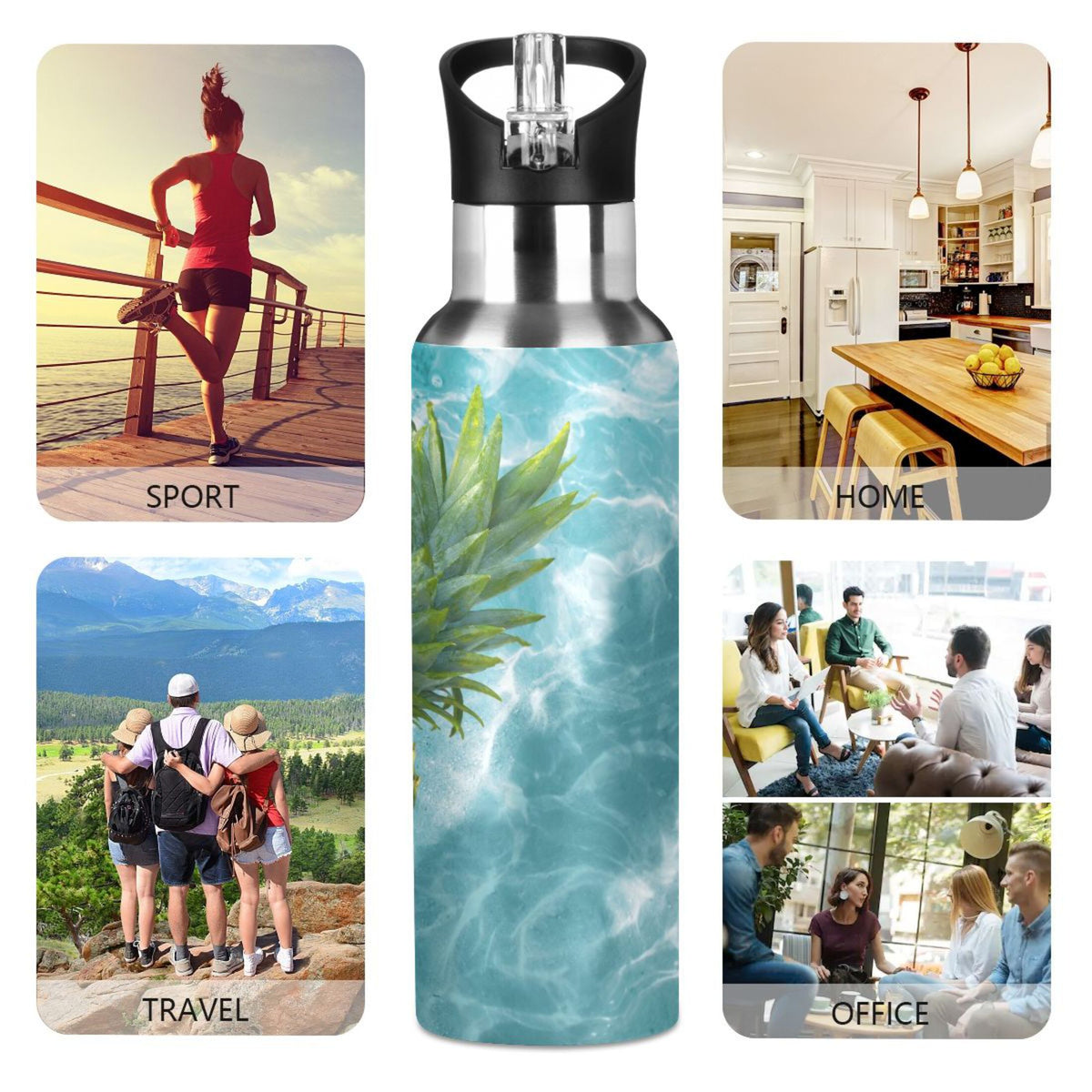 Yellow Pineapple on Blue Water Insulated Stainless Steel Water Bottle with Straw Lid 20 oz S6001