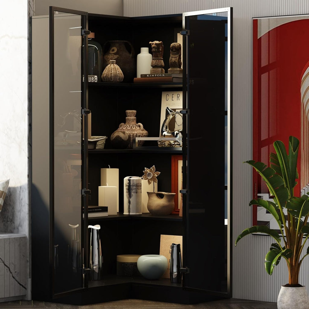 Black Corner Storage Cabinet with Glass Door and Light, 2 Doors and 4 Shelves, 31.5"L x 31.5"W x 63"H D829803