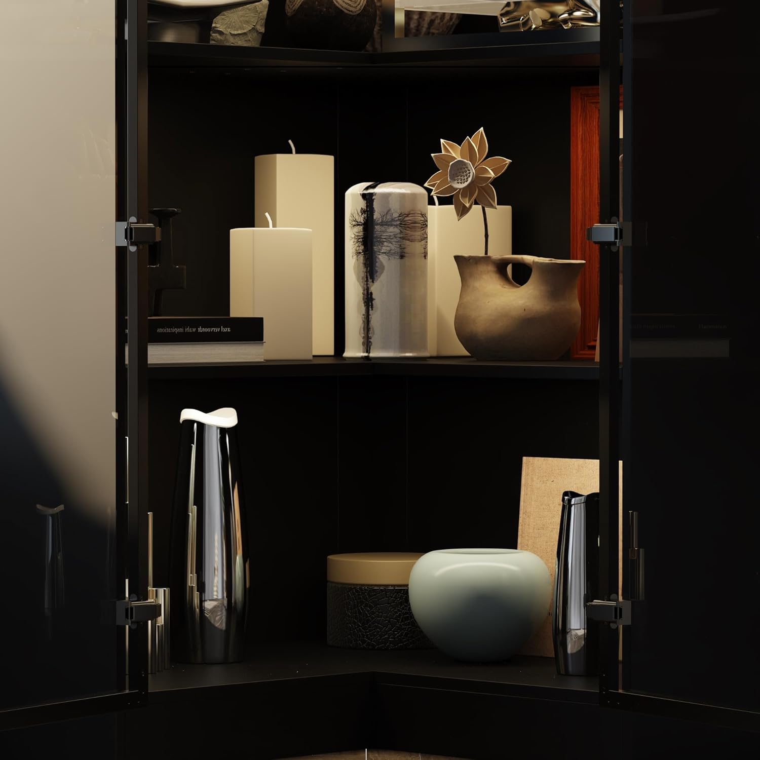 Black Corner Storage Cabinet with Glass Door and Light, 2 Doors and 4 Shelves, 31.5"L x 31.5"W x 63"H D829803