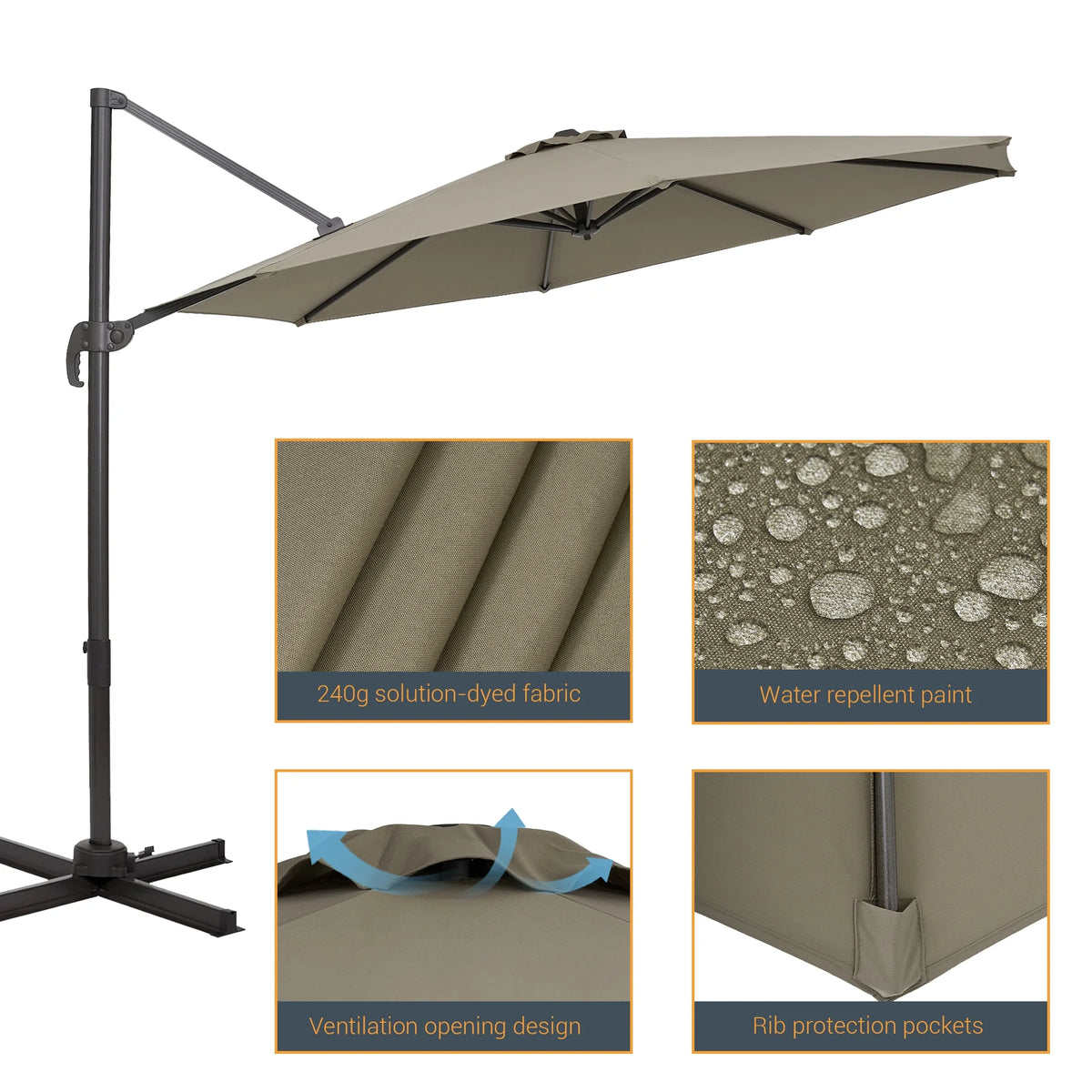Taupe 10ft Outdoor Round Cantilever Patio Umbrella R38068