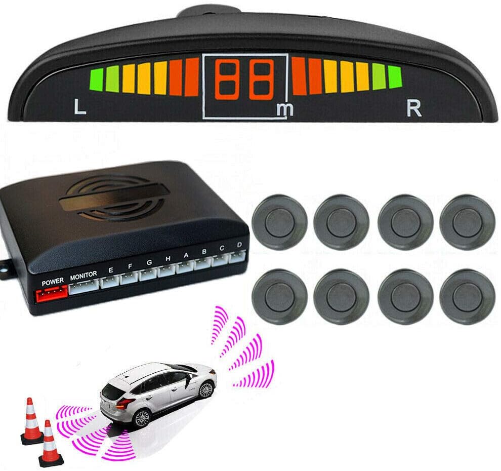 Silver 8 Sensors Car Front and Rear LED Display Reverse Parking Kit Buzzer Alarm Pack of 2 H385400