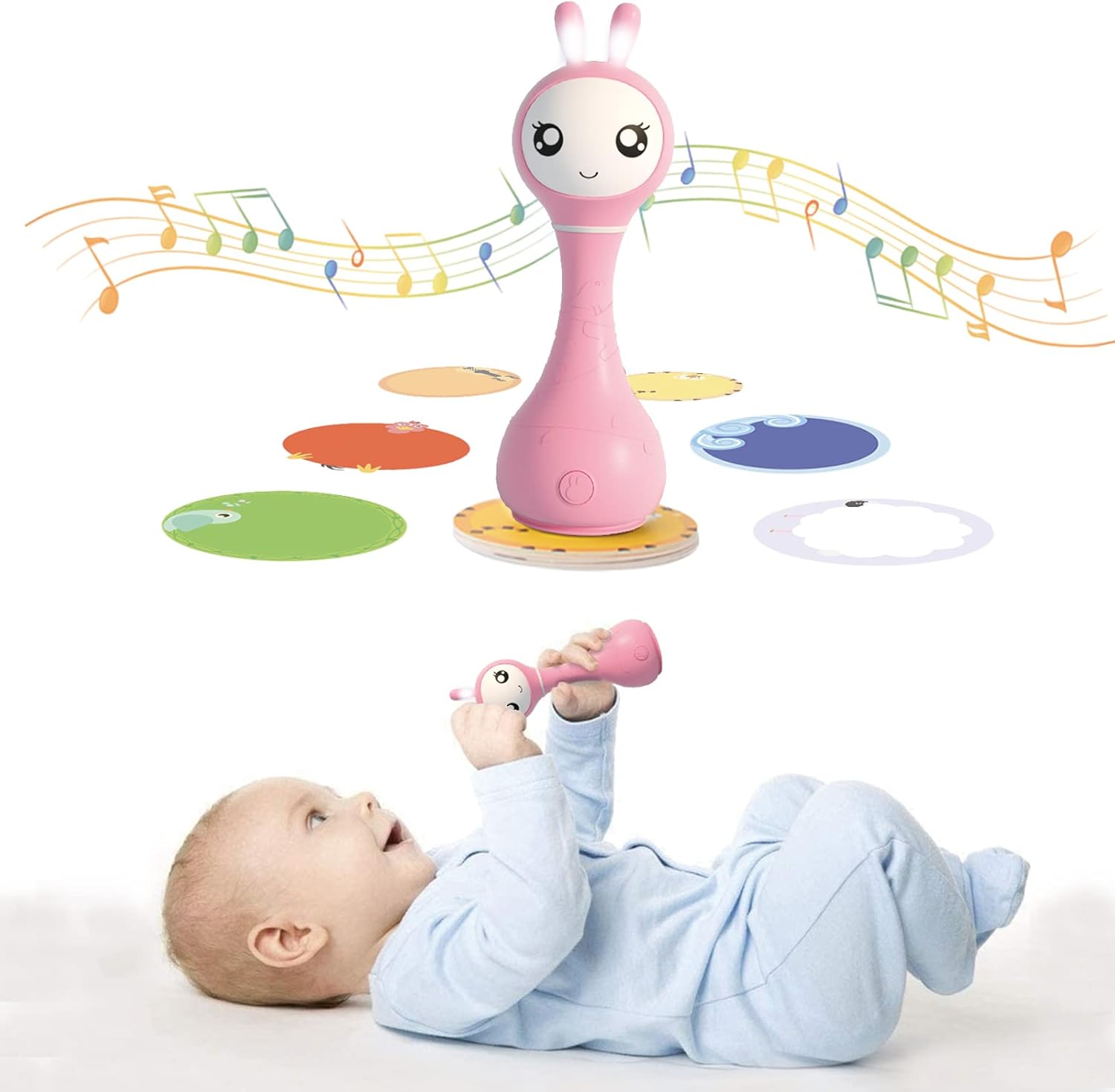 Pink Musical Toy Rattle Teether with Luminous Ears, Pack of 2 B351