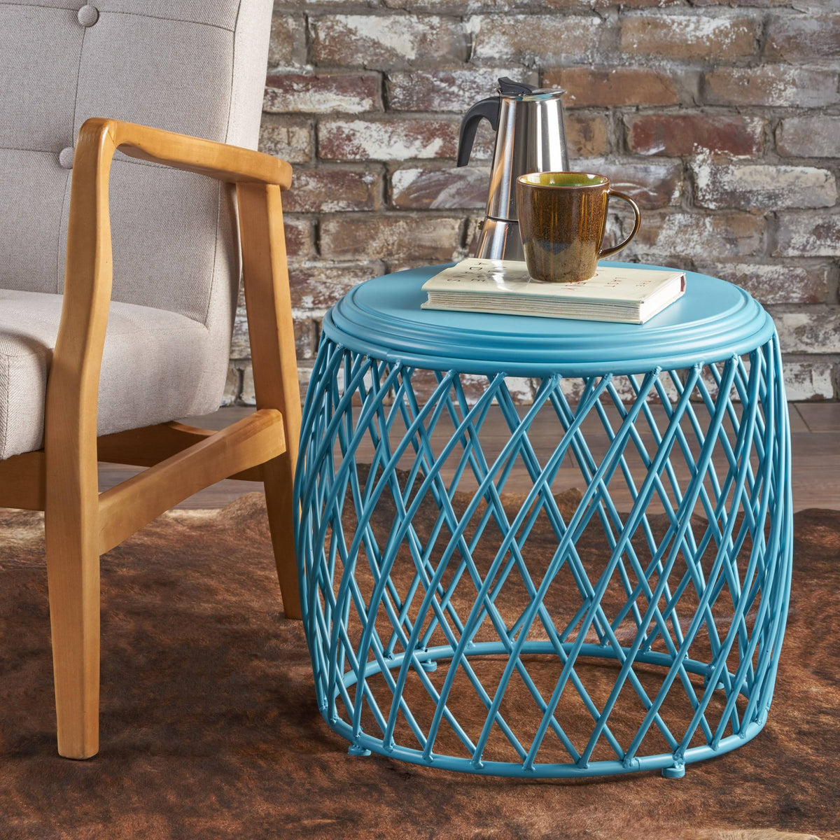 Matte Yellow Lattice Iron Side Table E929020