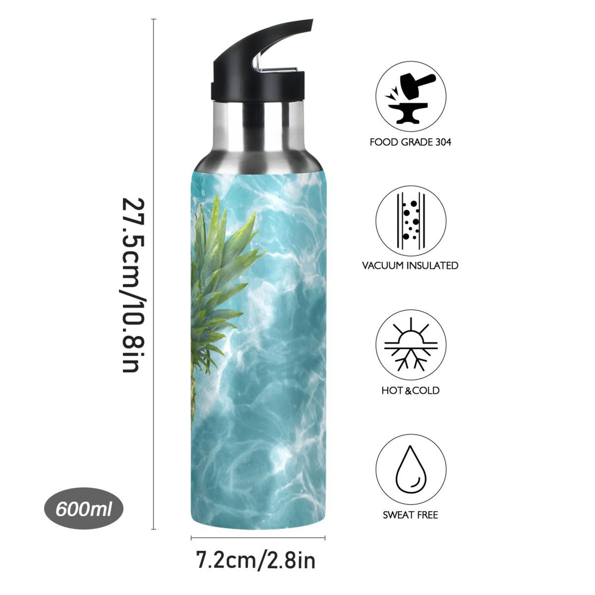 Yellow Pineapple on Blue Water Insulated Stainless Steel Water Bottle with Straw Lid 20 oz S6001