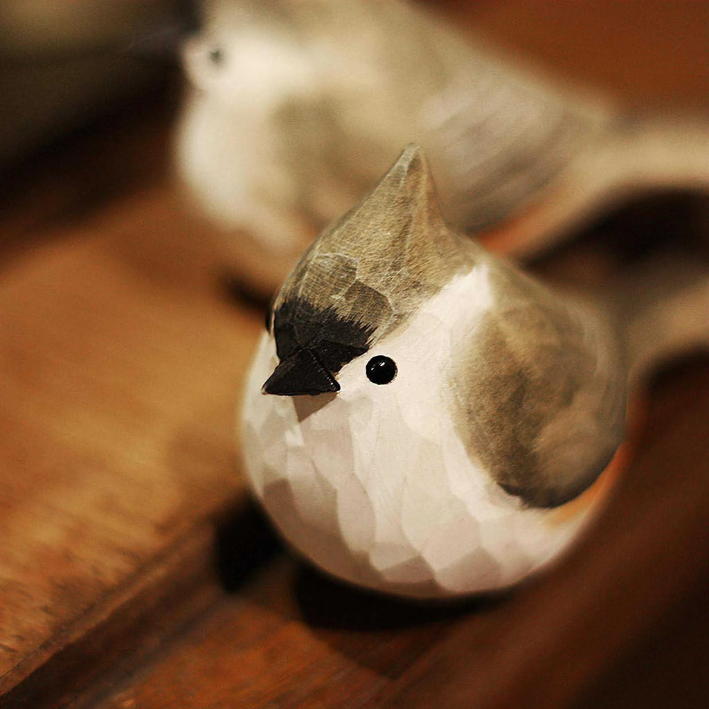 Gray White Wooden Titmouse Figurine Bird Statue W353742