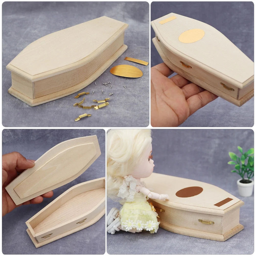 Miniature Coffin Wood Doll House Decoration L17154