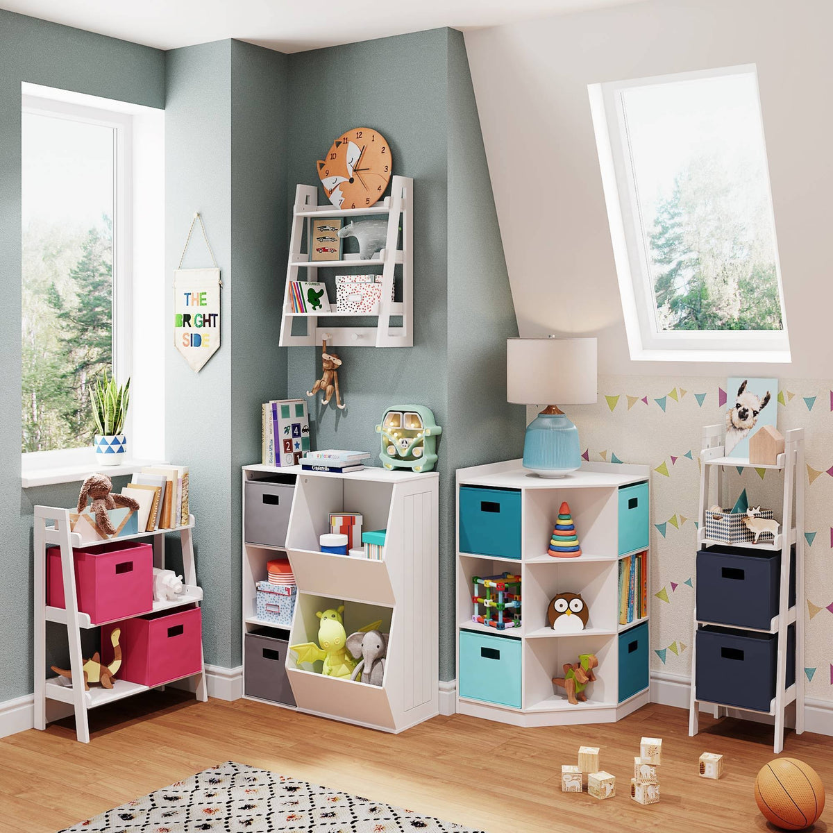 5pc Kids Corner Cabinet Set with 4 Bins White Turquoise Aqua D573603