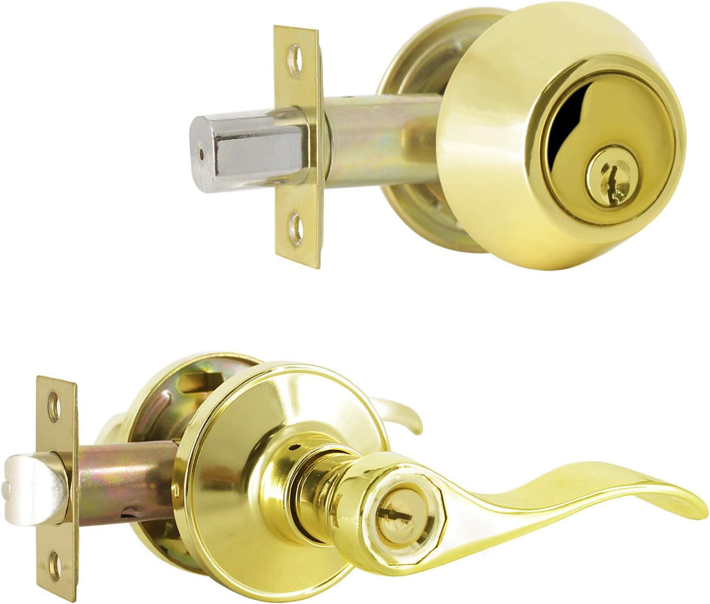 Satin Nickel Entry Lever and Single Cylinder Deadbolt Combo Pack, Keyed Alike Handleset Y678
