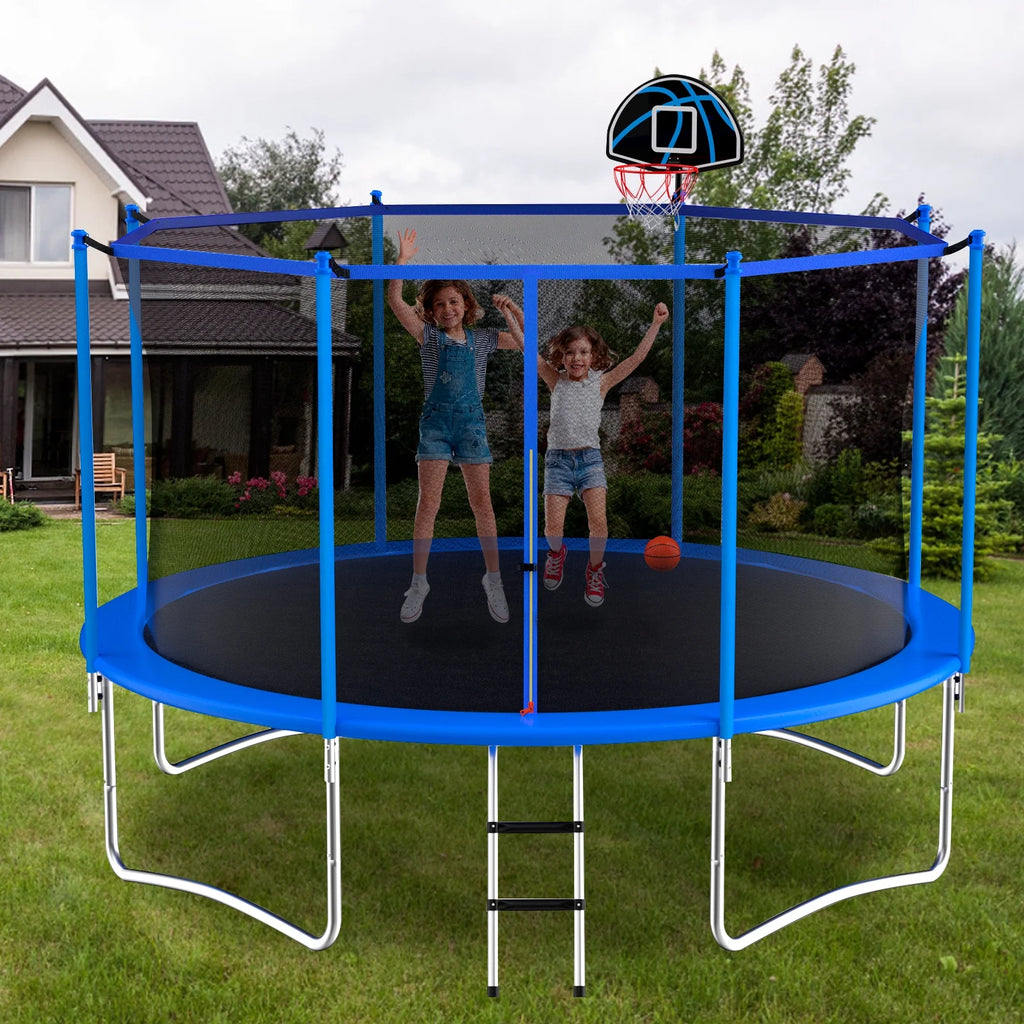 10 Feet Blue Outdoor Trampoline with Basketball Hoop and Safety Enclosure U572