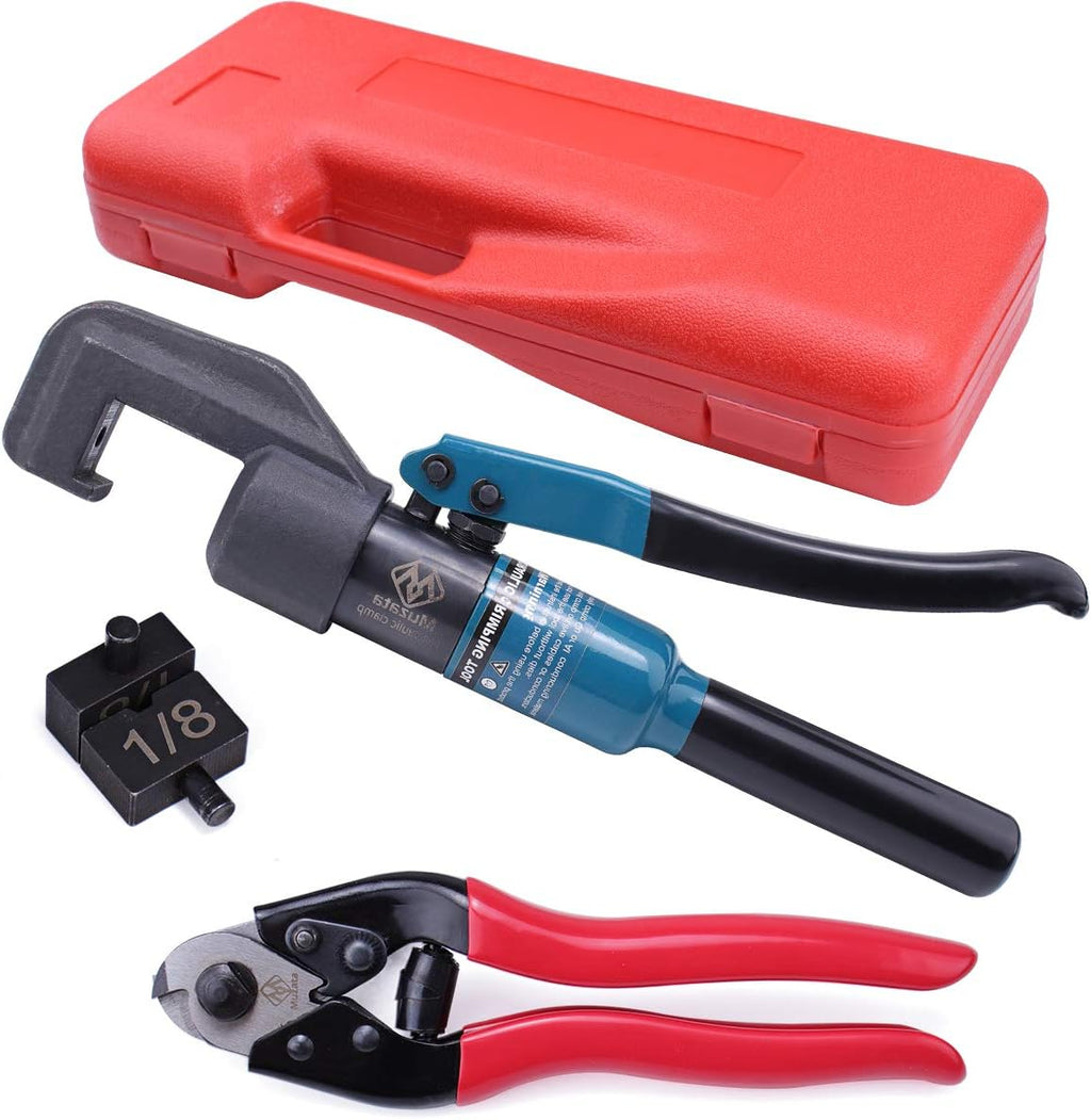 Hydraulic Hand Crimper Tool for 1/8" Stainless Steel Cable Railing Hardware Wire Rope Swaging with Wire Cable Cutter H986404