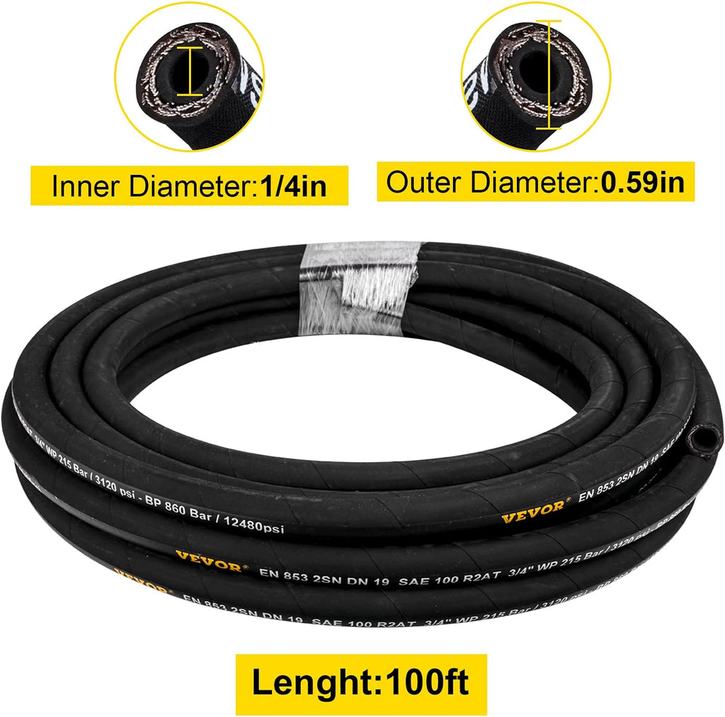 1/4 inch x 100 ft Rubber Hydraulic Hose, 5800 PSI, Pack of 2 M3458