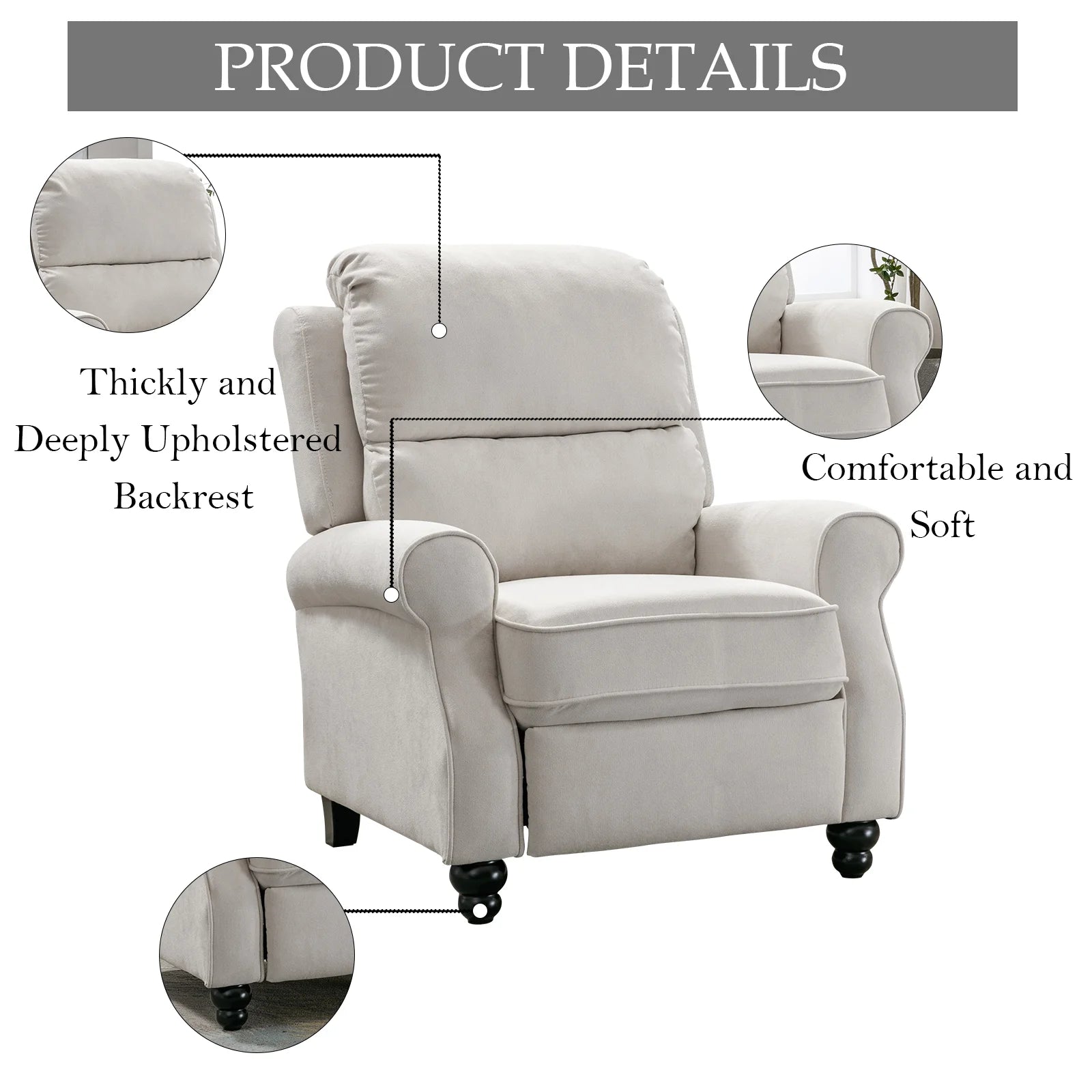 White Fabric Push Back Recliner Chair J6714