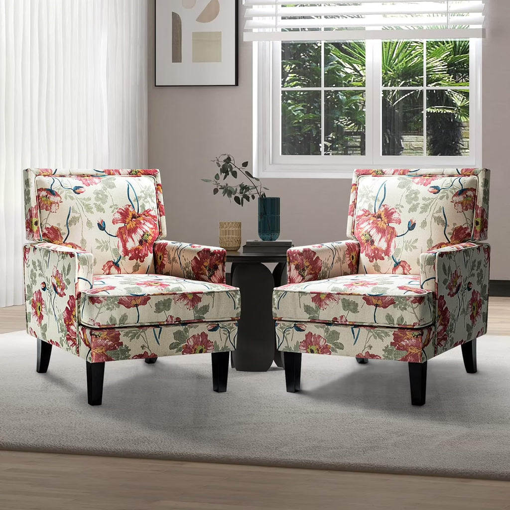 Red Fabric Club Chair Set Of 2 with Rubber Wood Legs A28274