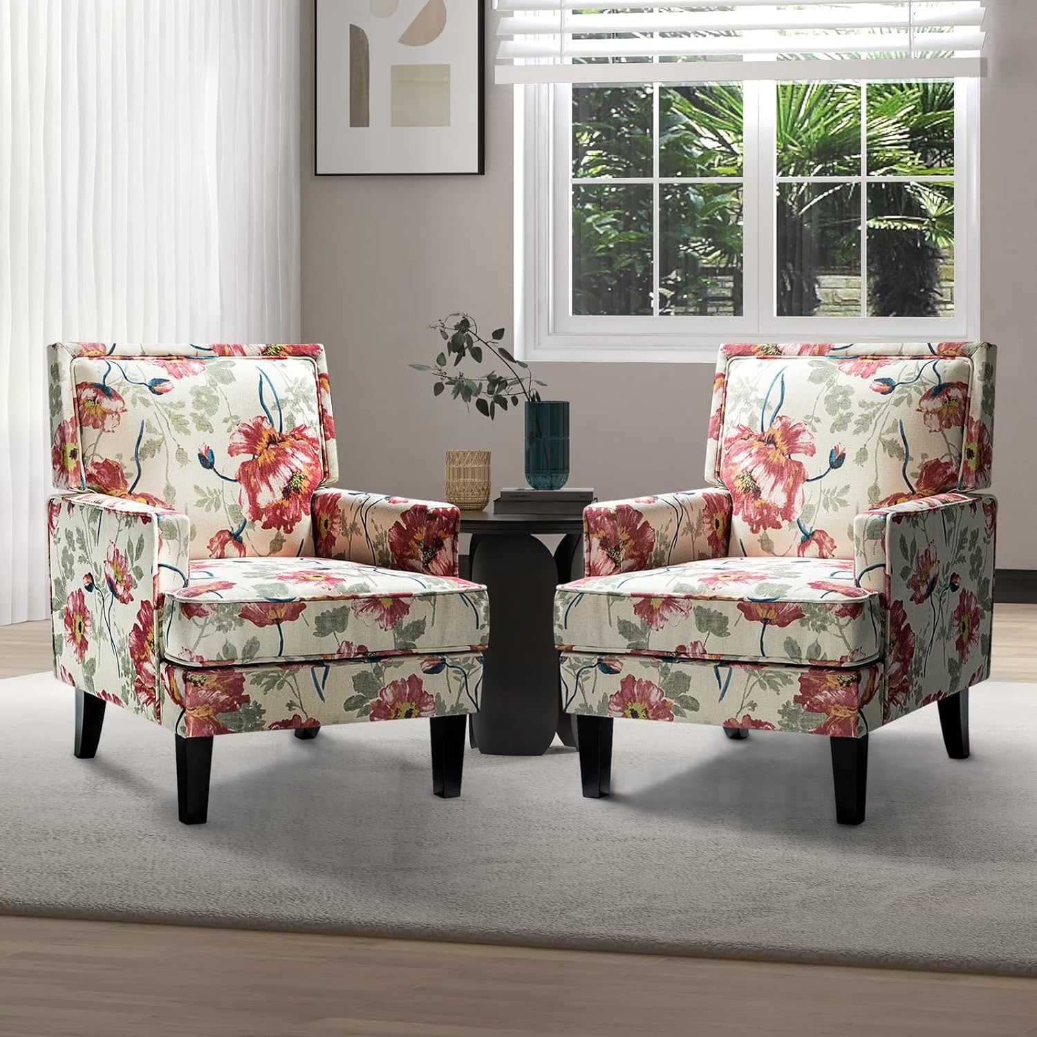 Red Fabric Club Chair Set Of 2 with Rubber Wood Legs A28274