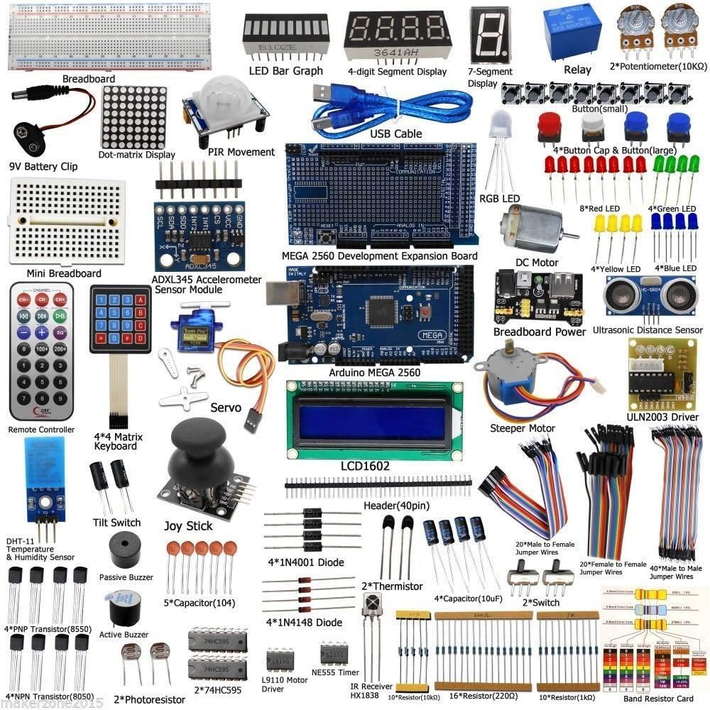 Mega2560 LCD1602 Servo Stepper Motor Sensors Breadboard Jumper Wire Resistor Capacitor Transistor STEM Electronic Projects Starter Kit W23591